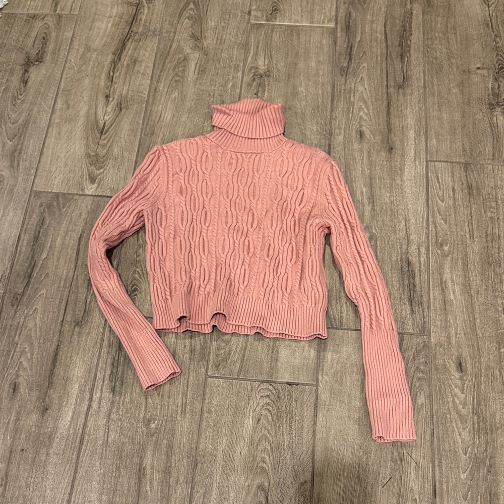Pink Cable Knit Turtleneck Sweater